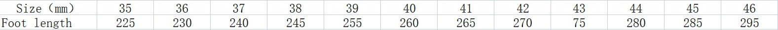 Size chart for breathable tennis shoes for men and women, showing foot length in centimeters for various sizes.