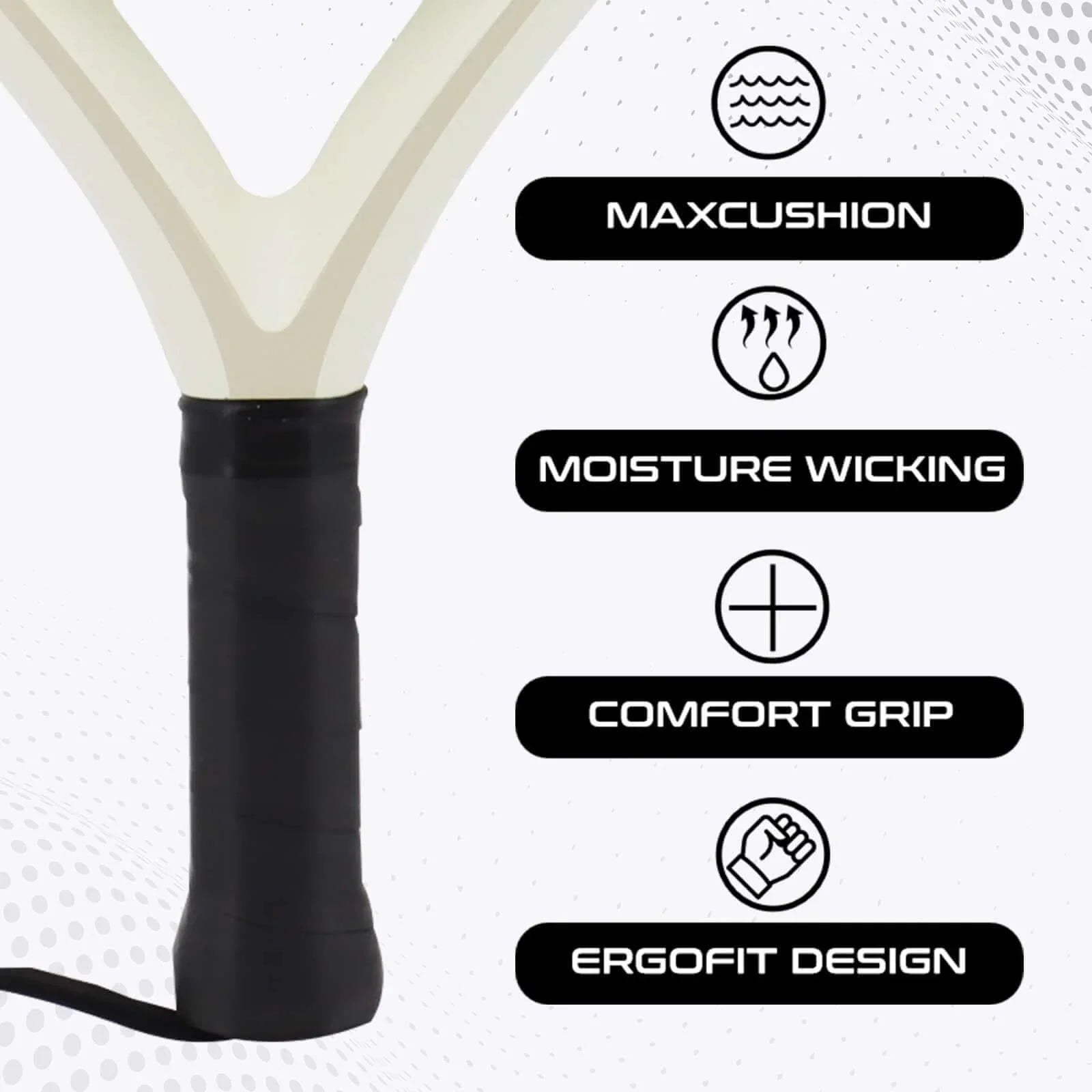 Cage Professional Carbon Padel Racket handle features: Maxcushion, Moisture wicking, Comfort grip, Ergofit design.