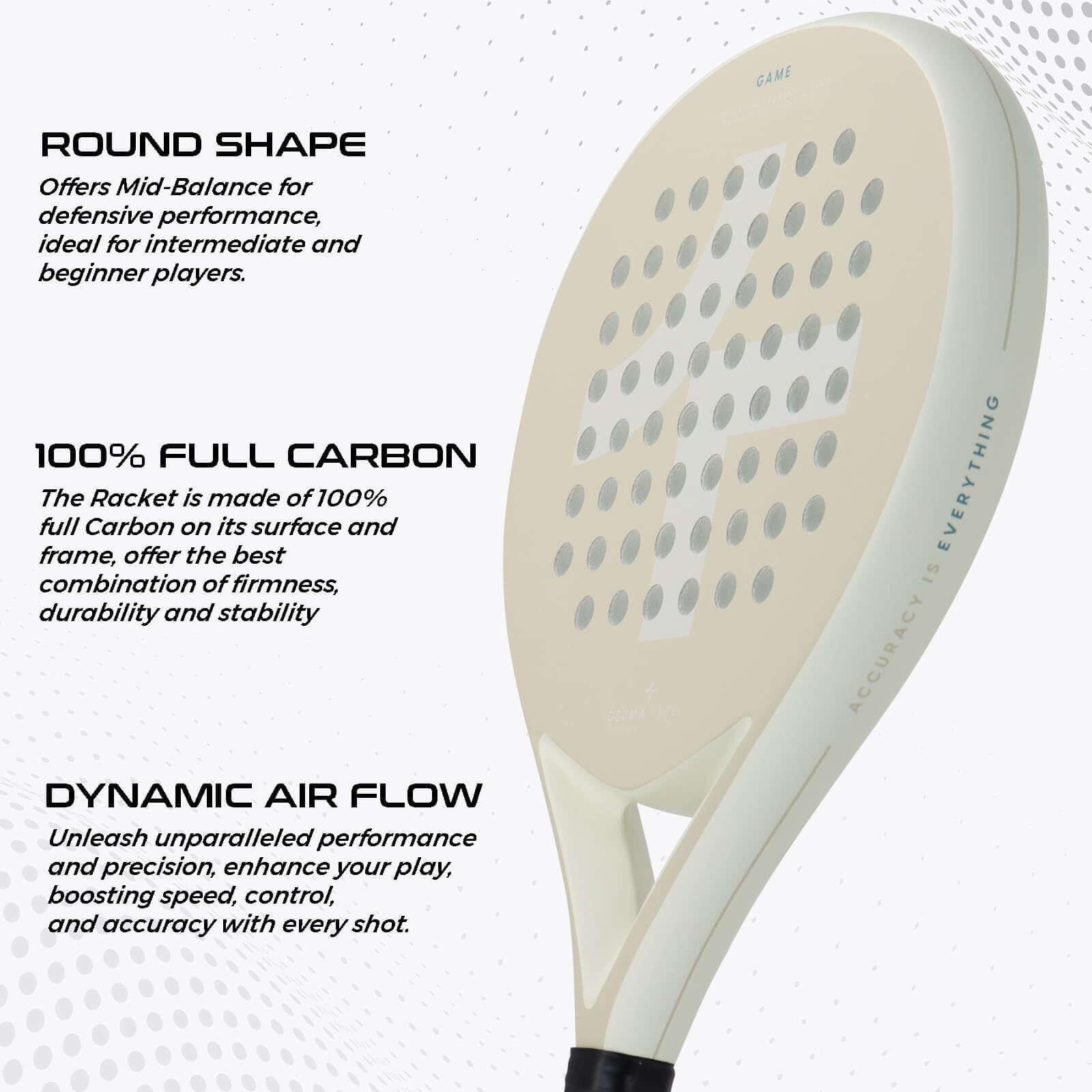 Cage Professional Carbon Padel Racket showcasing round shape, 100% full carbon material, and dynamic air flow features.