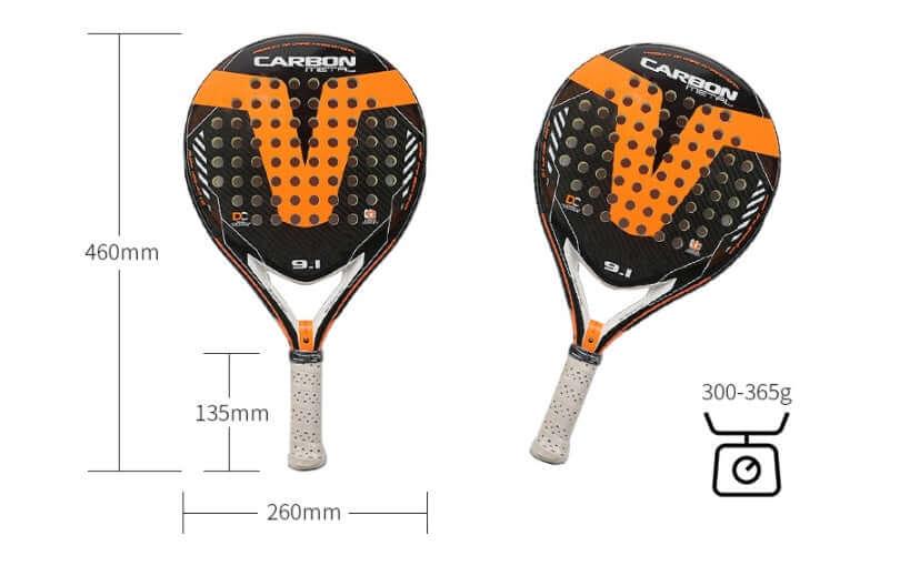 Carbon Fibber Padel Racket dimensions and weight specifications, showcasing lightweight design for power and control.