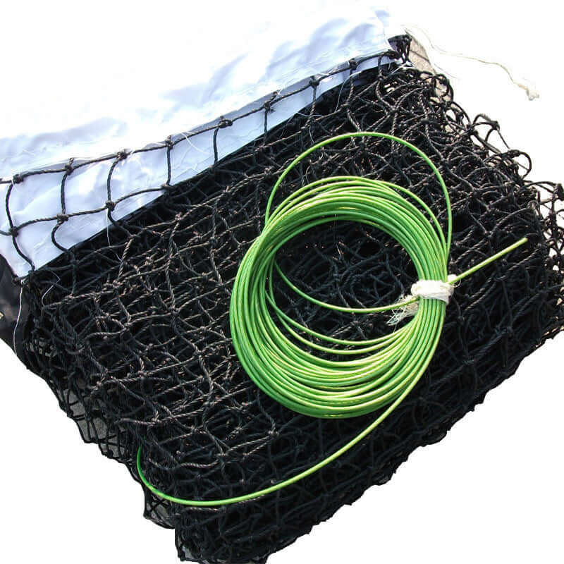 Professional tennis court net into a black mesh bag with a white background