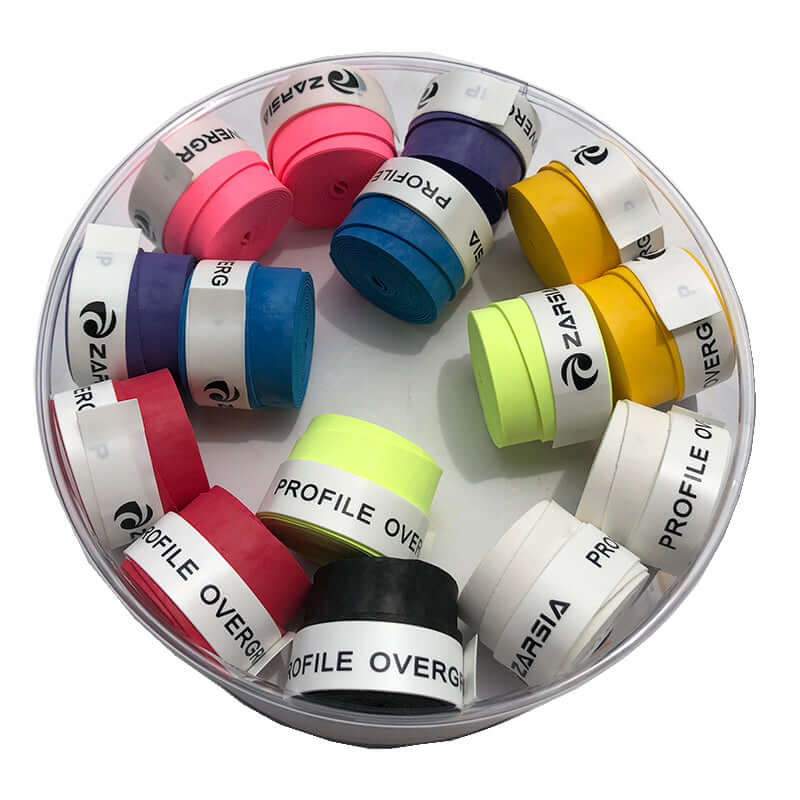 Special sweat absorbing belt for tennis racket in a variety of colors, designed for improved grip and performance.