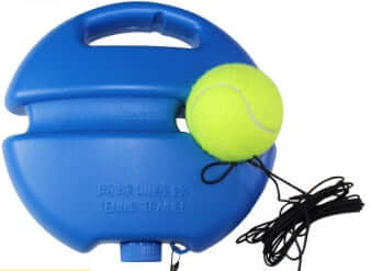 Tennis with Tennis String compact rebound aid for solo practice, featuring a blue trainer and yellow tennis ball.