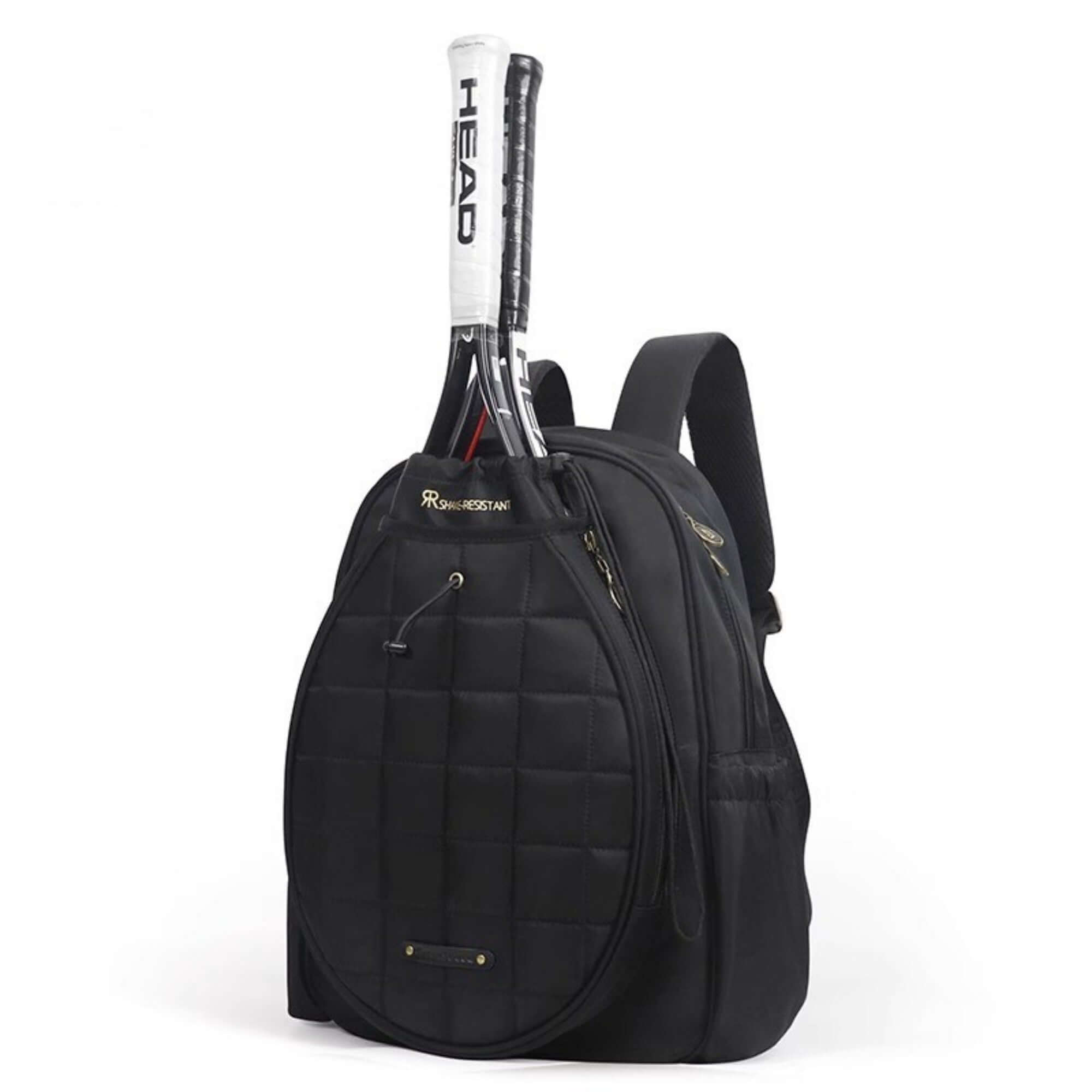 Tennis and badminton bag set with rackets displayed in stylish black shoulder bag.