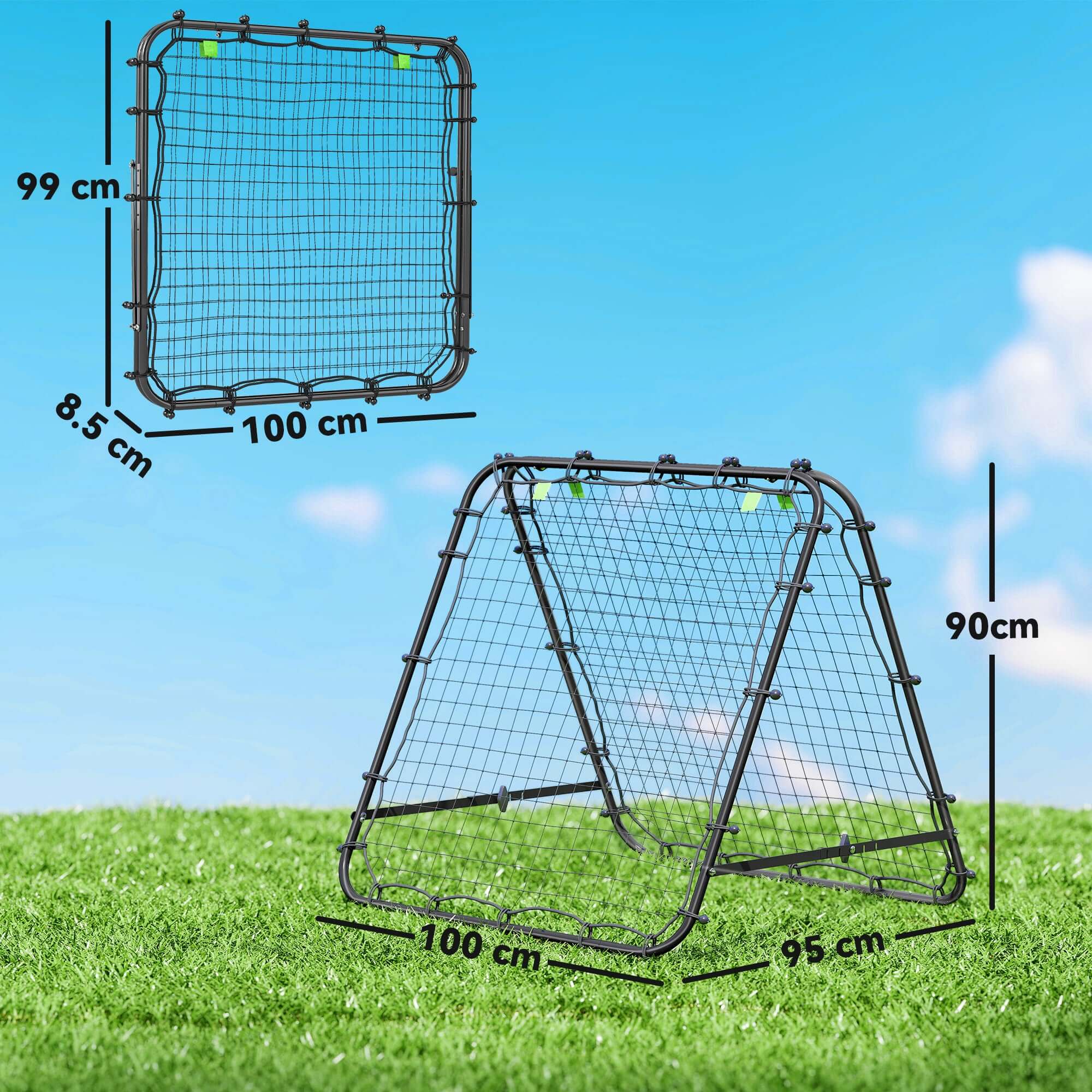 Double Sided Tennis Rebounder Net With Five Adjustable Angles, Black displayed with dimensions in a grassy field.