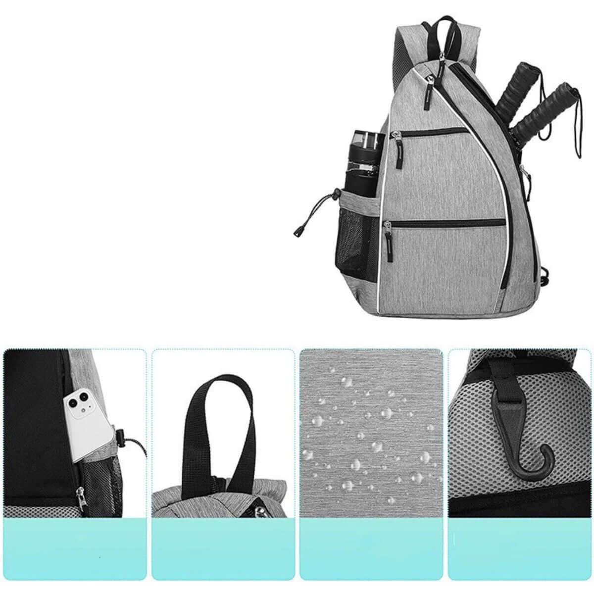 Tennis Shoulder Bag showing pockets for rackets, water bottle, and phone with water-resistant features.