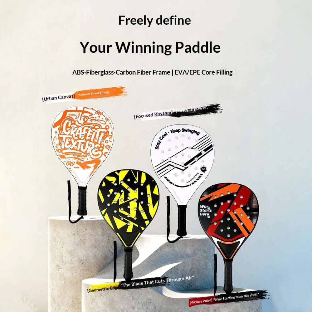 Entry-level Padel Tennis Racket With An ABS Frame displayed with colorful designs and features.