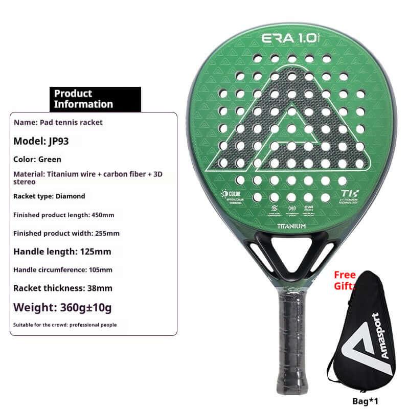 AMA Sports Carbon Fibber Tennis Racket ERA 1.0 Pad JP93 in green, made of titanium wire and carbon fiber, includes free bag.
