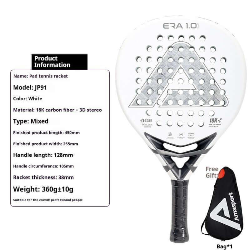 AMA Sports Carbon Fibber Tennis Racket ERA 1.0 Pad JP91 in white featuring 18K carbon fibber and 3D stereo design with free gift bag.