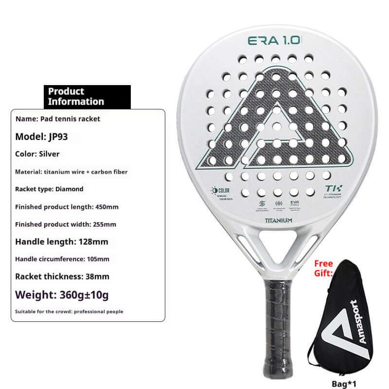 AMA Sports Carbon Fibber Tennis Racket showcasing its titanium and carbon fiber design, emphasizing power and precision.