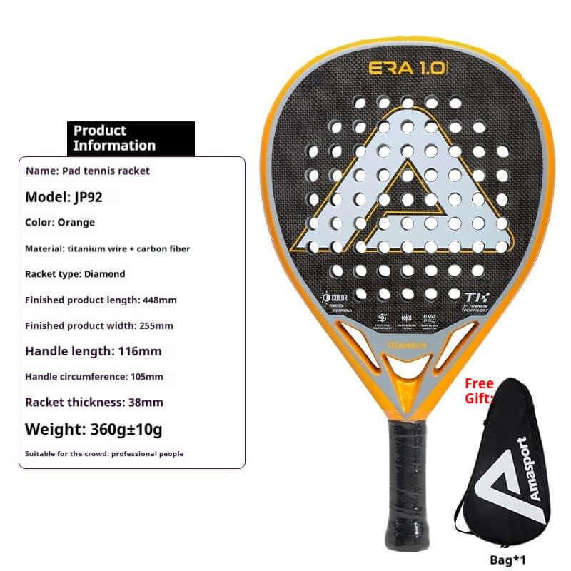 AMA Sports Carbon Fibber Tennis Racket with orange color, titanium wire, and carbon fiber. Model JP92.