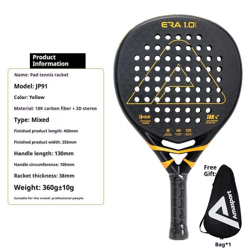 AMA Sports Carbon Fibber Tennis Racket showcasing its design and specifications, highlighting power and precision.