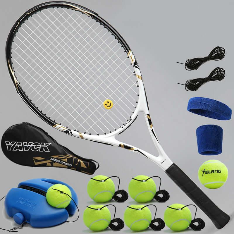 Fixed tennis trainer set including racket, balls, and accessories for enhanced practice.