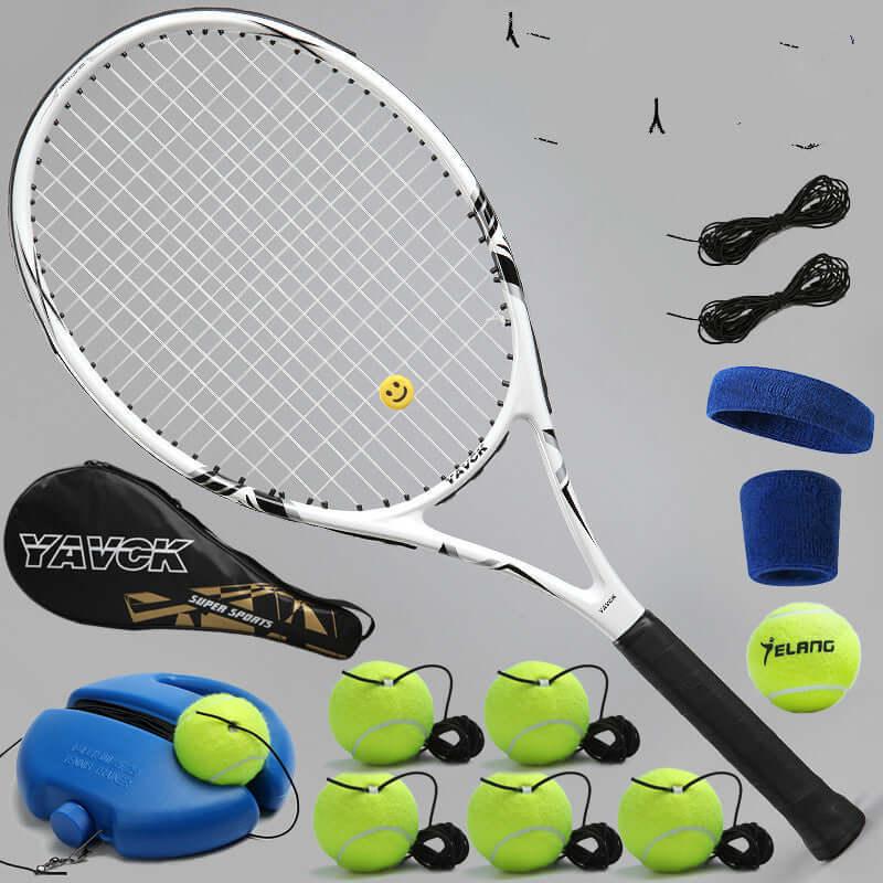 Fixed tennis trainer with racket, practice balls, and accessories for skill development.