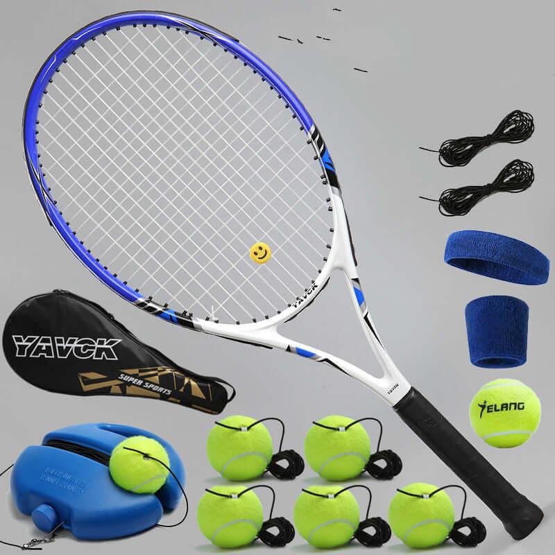 Fixed Tennis Trainer set includes durable racket, practice balls, strings, and accessories for training.