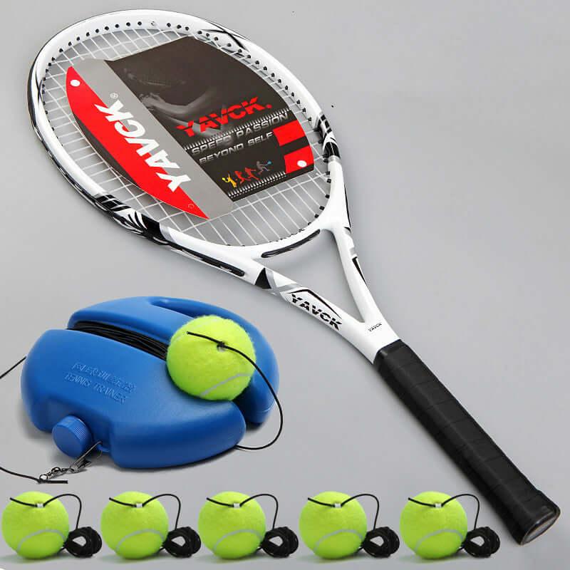 Fixed tennis trainer with durable practice racket and tennis balls for skill development.
