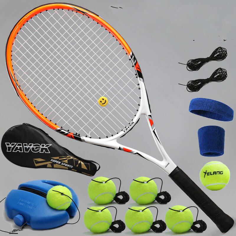 Fixed tennis trainer set including racket, balls, and accessories for enhancing tennis practice.