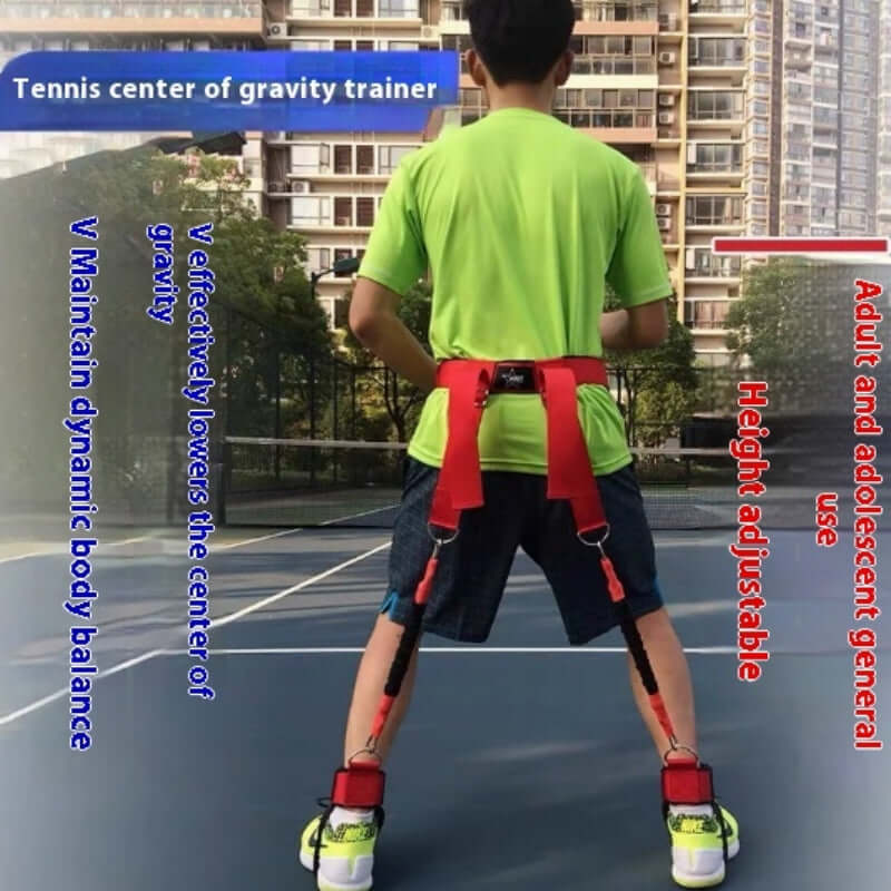 Lower Center Of Gravity Height Adjustable Tennis Balance Trainer in use on a tennis court