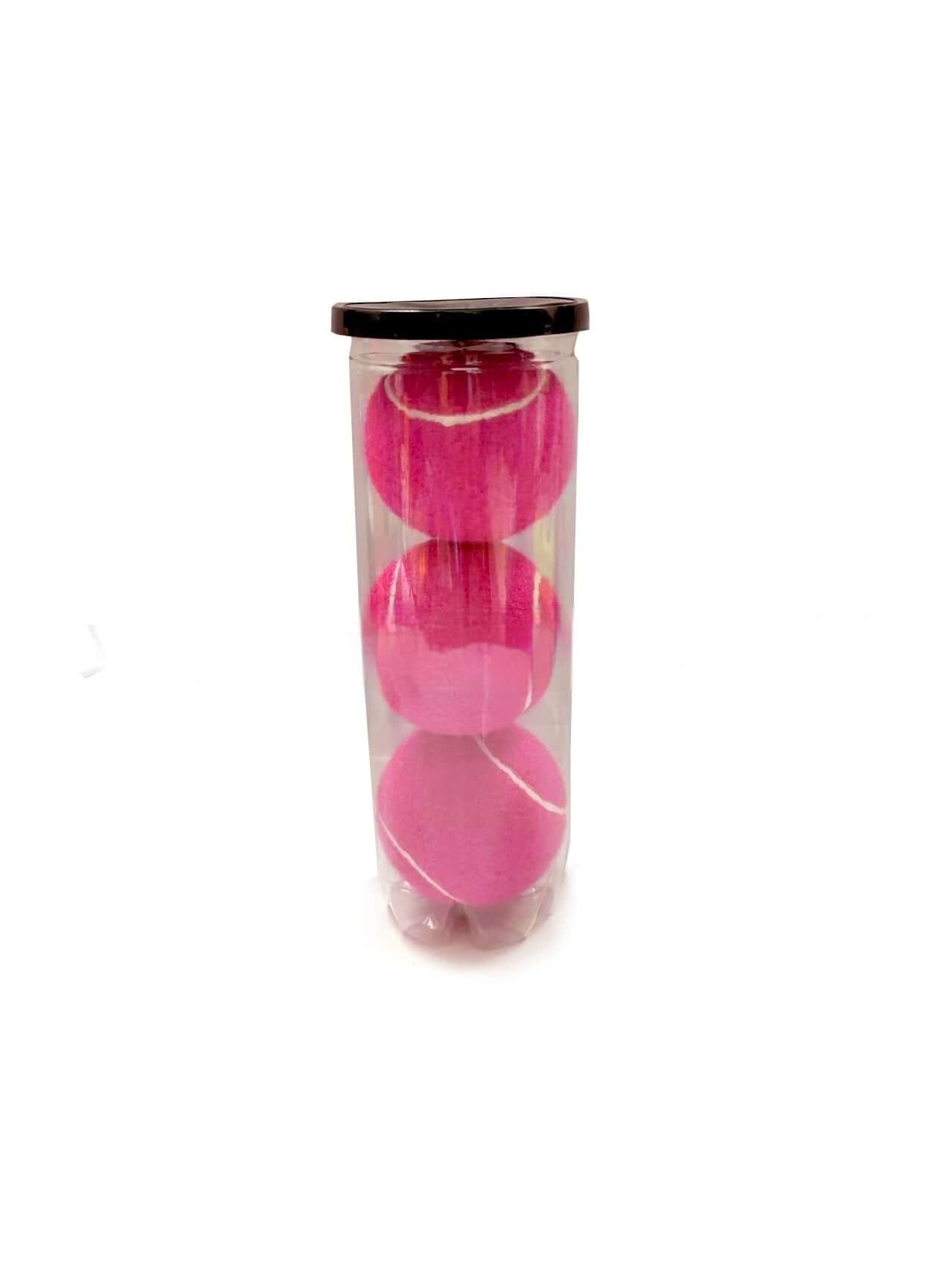 High Elasticity Durable Training Tennis Rubber Barrel Ball in a clear container, showcasing three vibrant pink training balls.