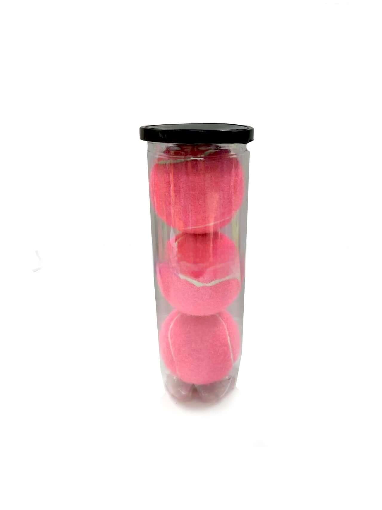 High Elasticity Durable Training Tennis Rubber Barrel Ball in a clear container with three pink balls.