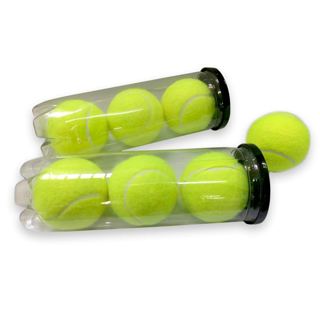 High Elasticity Durable Training Tennis Rubber Barrel Ball in clear containers.