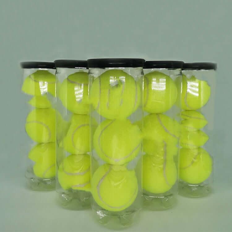 High Quality Wool Tennis Balls in clear tubes, featuring bright yellow color and ideal for training and practice.