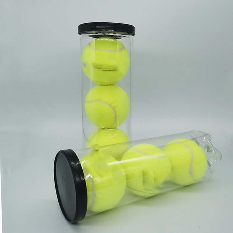 High quality wool tennis balls in a clear container, showcasing durability and elasticity for optimal performance.