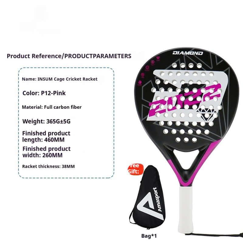 AMA Sports Carbon Fibber Tennis Racket featuring full carbon fibber construction, 365g weight, and P12-Pink color design.