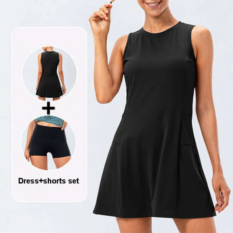 Ladies tennis dress featuring sleeveless design, paired with shorts for activewear outfit.