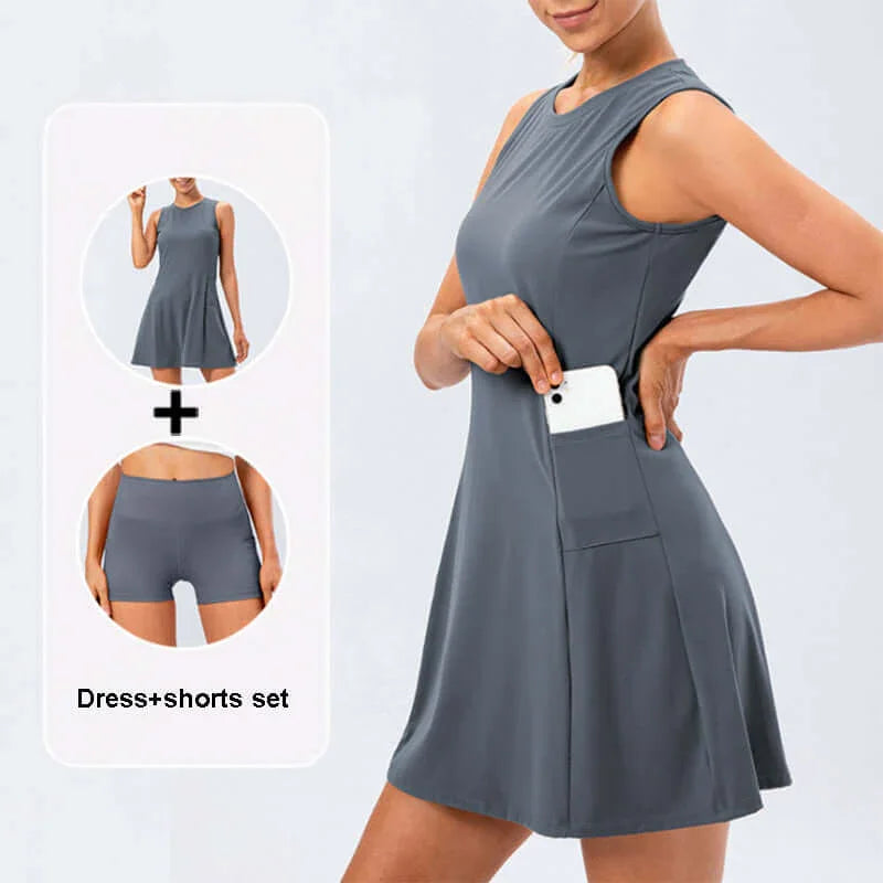 Ladies tennis dress featuring a modern design and side pocket, perfect for activewear workouts and casual outings.