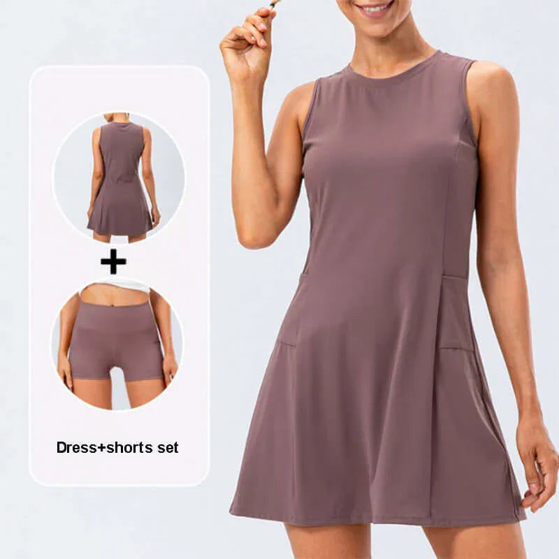 Ladies tennis dress in a stylish brown color, featuring a dress and shorts set for comfortable activewear.