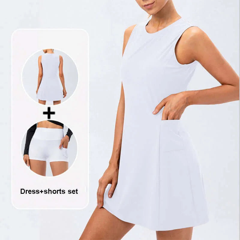 Ladies tennis dress featuring a sleeveless design with pockets, perfect for activewear and workouts.