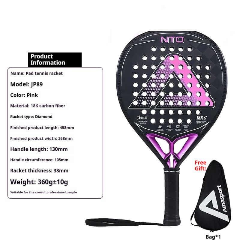 AMA Sports Carbon Fibber Tennis Racket with detailed specifications and pink design.