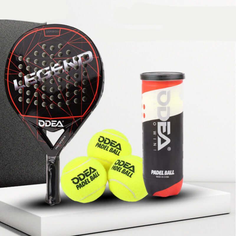 ODEA Padel balls and racket on a white background