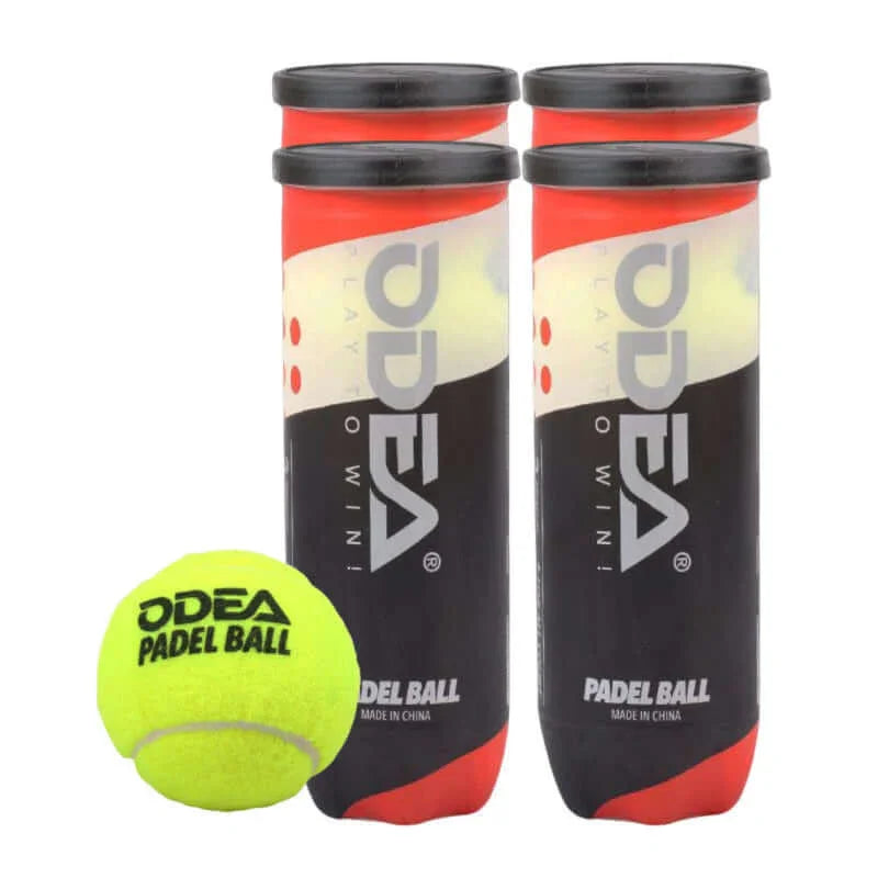 Two packs of ODEA Padel balls with a single ball in front on a white background