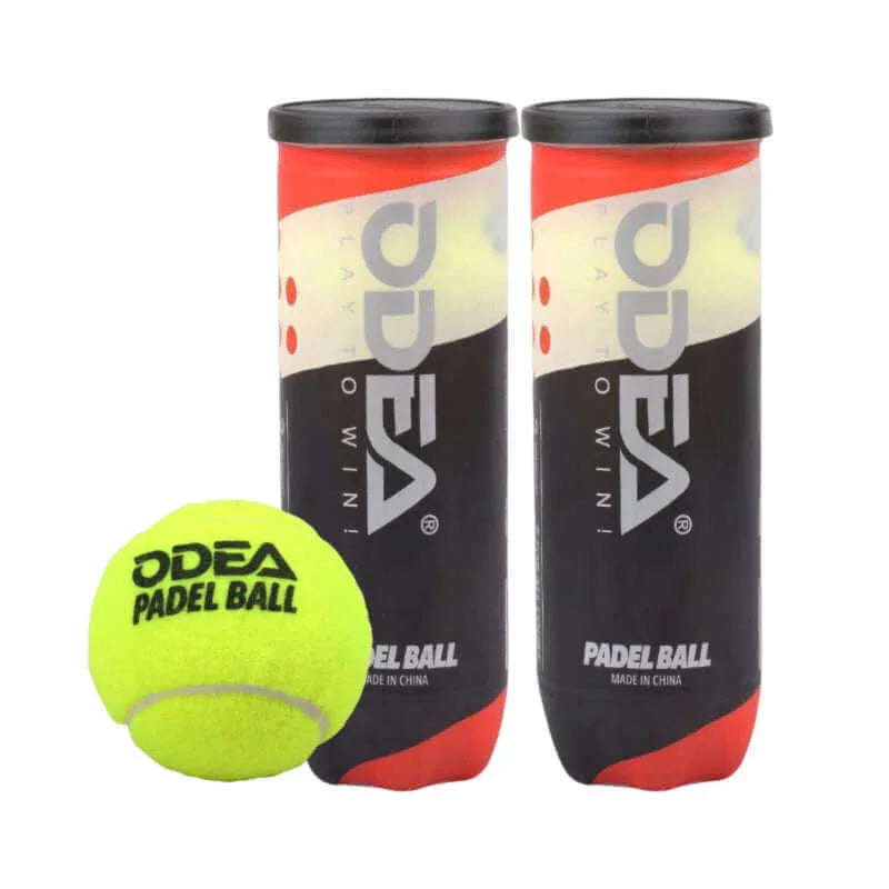Two cans of ODEA Padel balls with a single ball in front on a white background