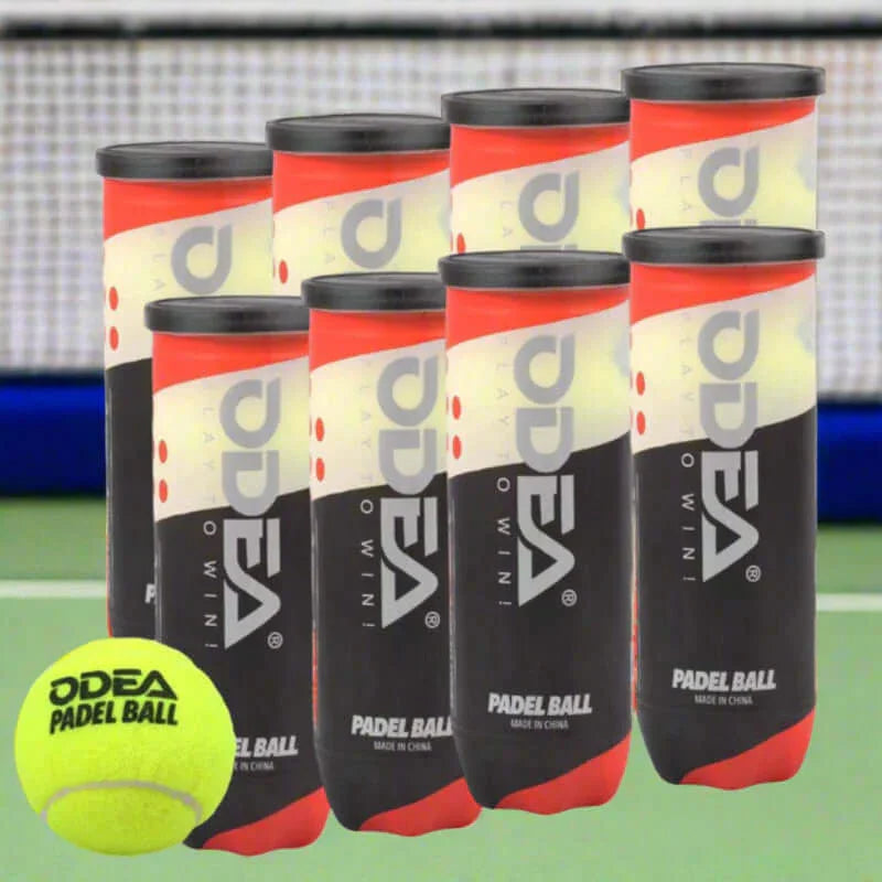 Multiple cans of ODEA Padel Ball on a tennis court background