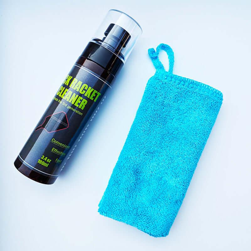 Peak Racket Cleaner bottle and towel for effective racket maintenance and care.