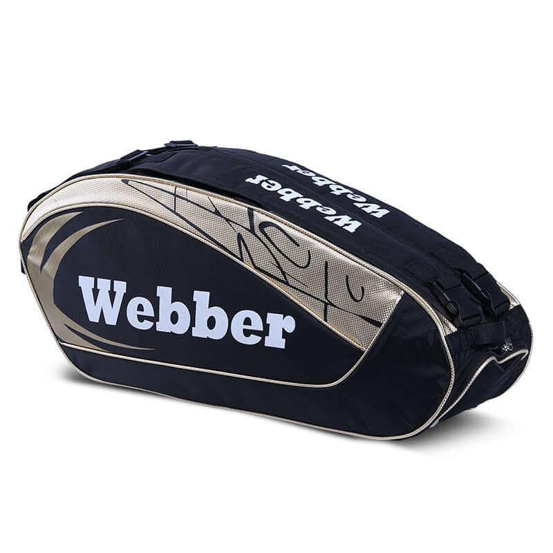 Portable Racket Bag in sleek black and gold design, ideal for carrying sports gear and accessories.