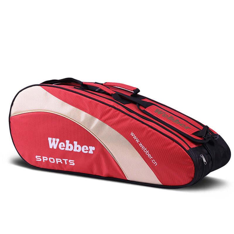 Portable Racket Bag in red and black with space for rackets, shoes, and sportswear.
