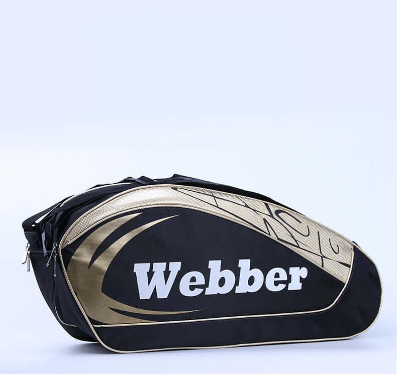 Portable Racket Bag in black and gold design, ideal for storing tennis gear and shoes.