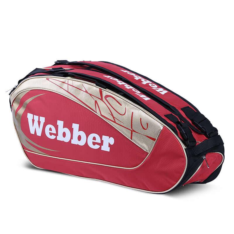 Portable Racket Bag in red with gold accents and Webber branding, designed for carrying tennis gear.
