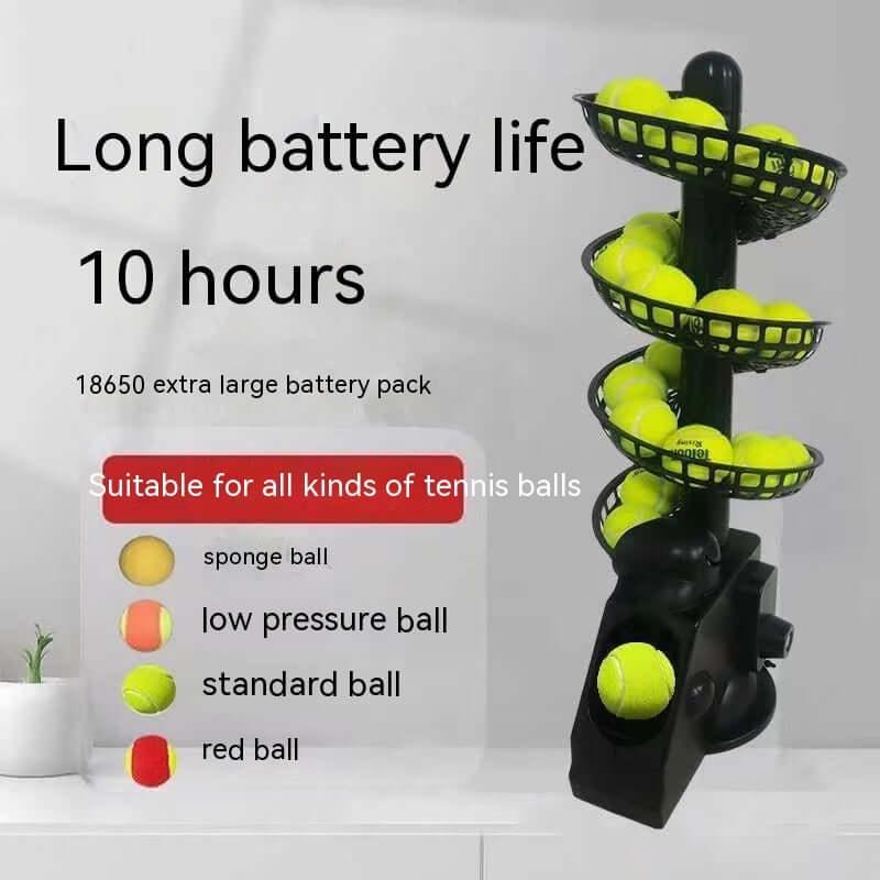 Portable tennis ball dispenser with long battery life and capable of holding all types of tennis balls.