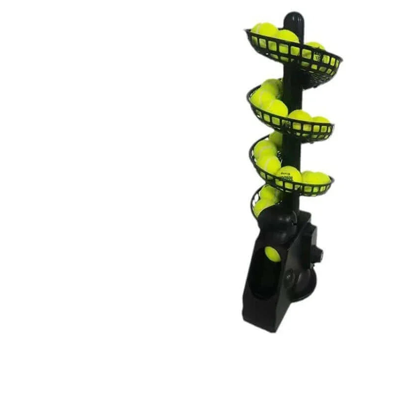 Portable tennis ball dispenser with three baskets for training, holds multiple tennis balls for practice.