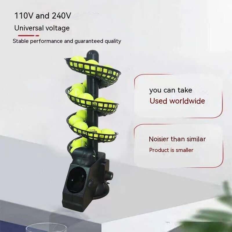 Portable tennis ball dispenser with multiple tiers for efficient tennis training, suitable for all skill levels.