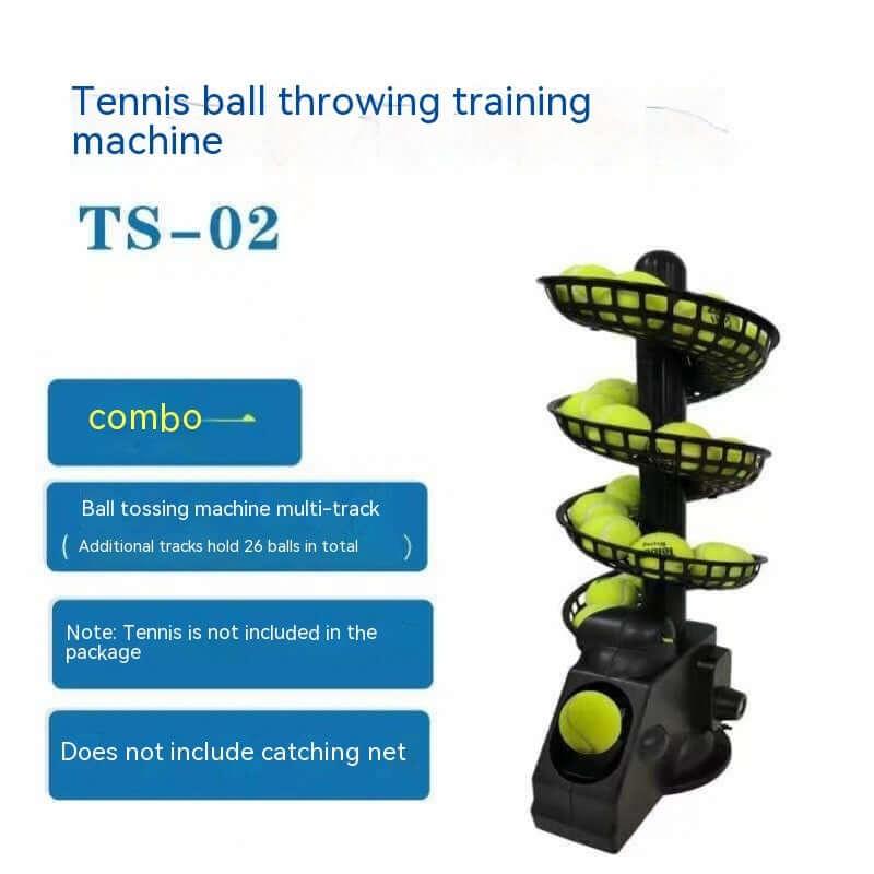 Portable tennis ball dispenser with multi-track ball tossing machine for tennis training.