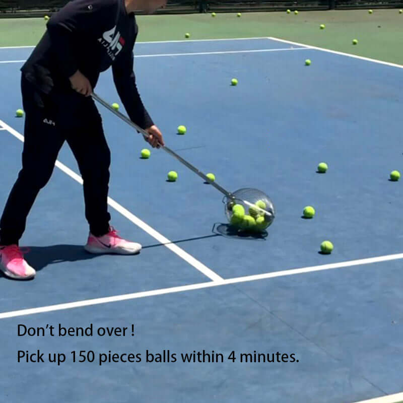 Portable Tennis Ball Picker Roller Type Basket Picking Without Bending in action on a tennis court.