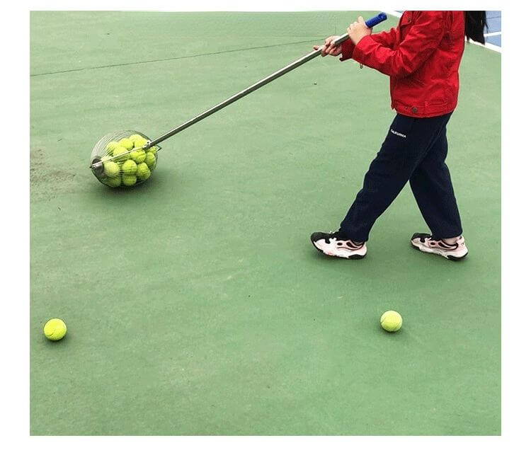 Portable Tennis Ball Picker Roller Type Basket Picking Without Bending in use on a tennis court.