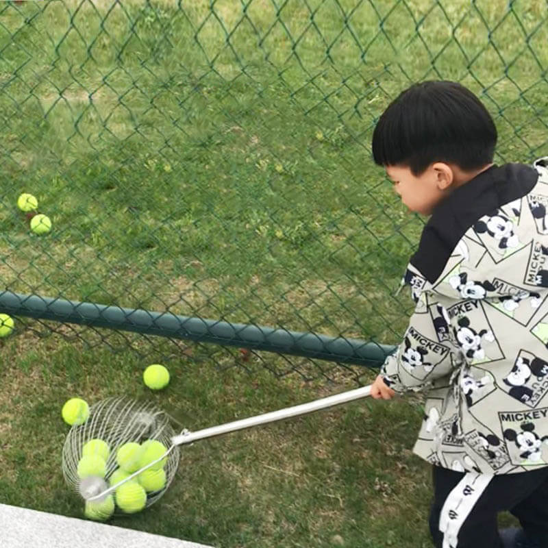 Portable Tennis Ball Picker Roller Type Basket Picking Without Bending in action with a child picking up tennis balls.