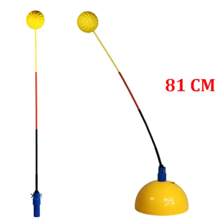 Portable tennis trainer showing yellow ball on flexible shaft with base, ideal for practice and training.